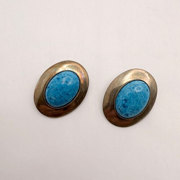 Vintage 50s Modernist Sterling Silver Studio Earrings Blue Stone - Picture 2 of 9